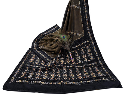 Indian Vintage Heavy Sarees Black Pure Silk Hand Embroidered Sari Fabric 5Yd Sewing Ethnic Sequins, Glass Beaded Wedding sarees