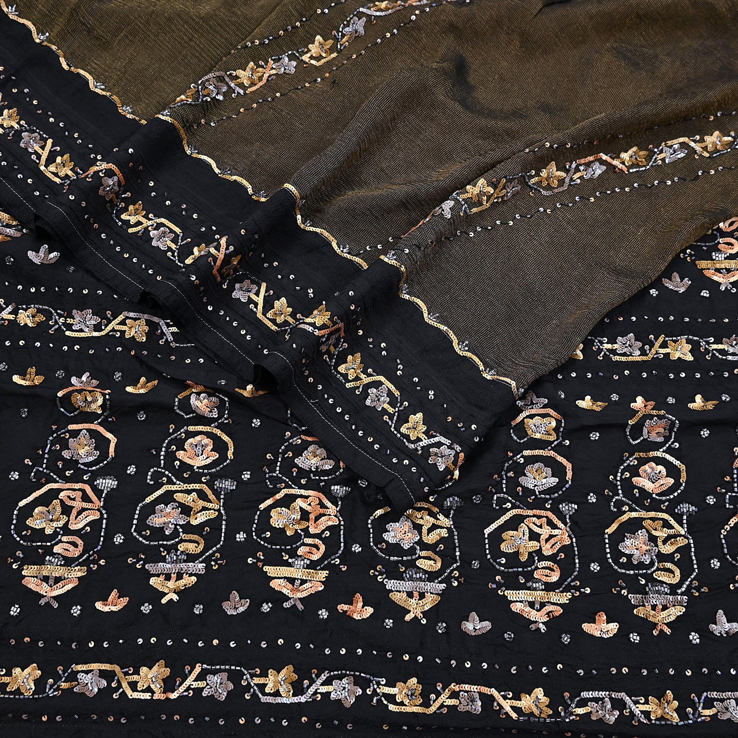 Indian Vintage Heavy Sarees Black Pure Silk Hand Embroidered Sari Fabric 5Yd Sewing Ethnic Sequins, Glass Beaded Wedding sarees