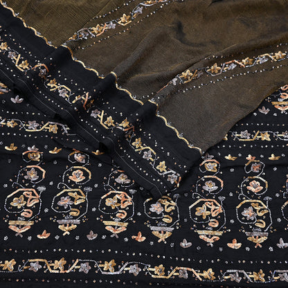 Indian Vintage Heavy Sarees Black Pure Silk Hand Embroidered Sari Fabric 5Yd Sewing Ethnic Sequins, Glass Beaded Wedding sarees