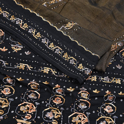 Indian Vintage Heavy Sarees Black Pure Silk Hand Embroidered Sari Fabric 5Yd Sewing Ethnic Sequins, Glass Beaded Wedding sarees