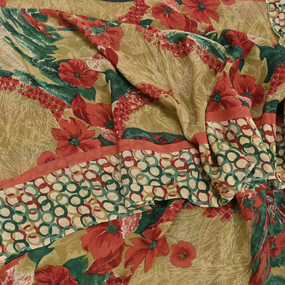 Indian Vintage Sari Beige & Multi Pure Georgette Silk Printed Sarees 6Yd Craft Fabric Sewing Quilting Dress making Crafting Dress Designing