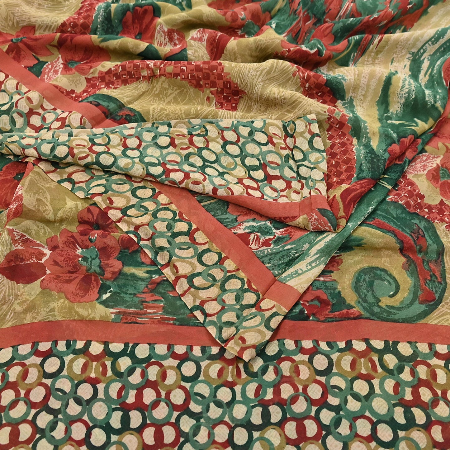 Indian Vintage Sari Beige & Multi Pure Georgette Silk Printed Sarees 6Yd Craft Fabric Sewing Quilting Dress making Crafting Dress Designing