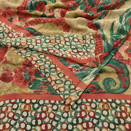 Indian Vintage Sari Beige & Multi Pure Georgette Silk Printed Sarees 6Yd Craft Fabric Sewing Quilting Dress making Crafting Dress Designing