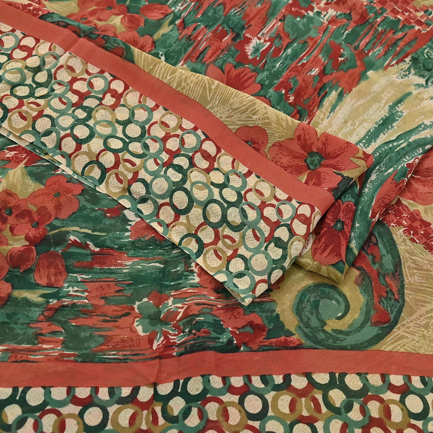 Indian Vintage Sari Beige & Multi Pure Georgette Silk Printed Sarees 6Yd Craft Fabric Sewing Quilting Dress making Crafting Dress Designing