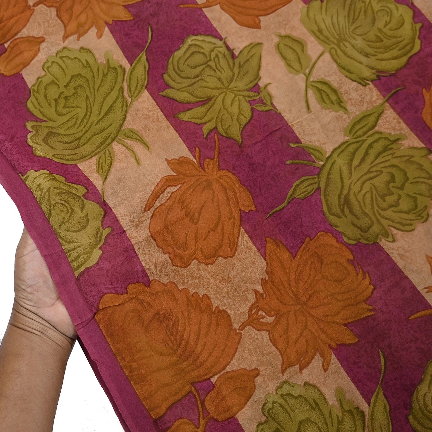 Vintage Indian Maroon Beige Georgette Silk Saree Floral Printed Fabric 5.5 Yard Soft Sari Sewing Dress Making Craft Boho