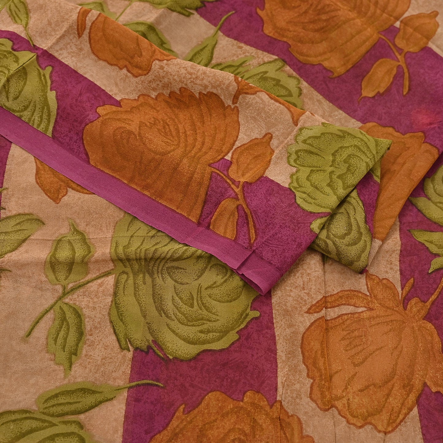 Vintage Indian Maroon Beige Georgette Silk Saree Floral Printed Fabric 5.5 Yard Soft Sari Sewing Dress Making Craft Boho