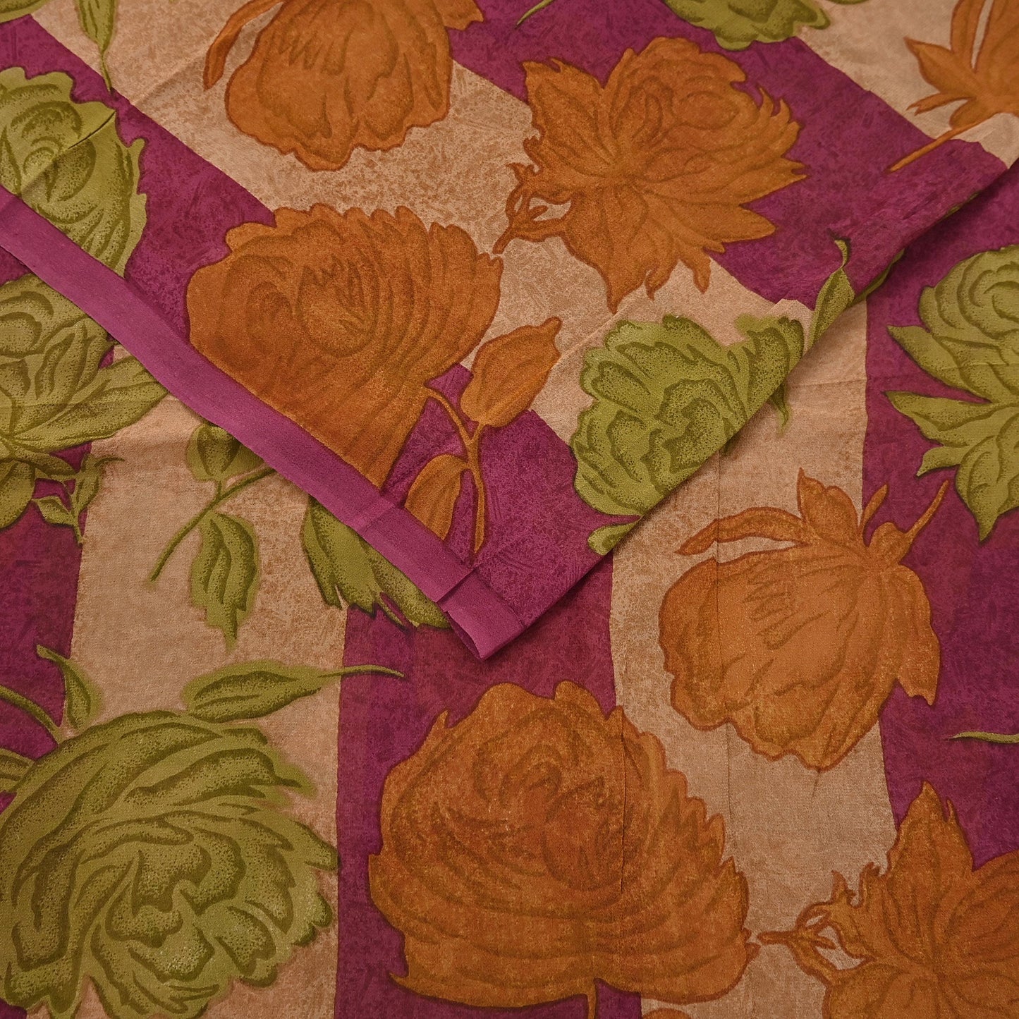 Vintage Indian Maroon Beige Georgette Silk Saree Floral Printed Fabric 5.5 Yard Soft Sari Sewing Dress Making Craft Boho