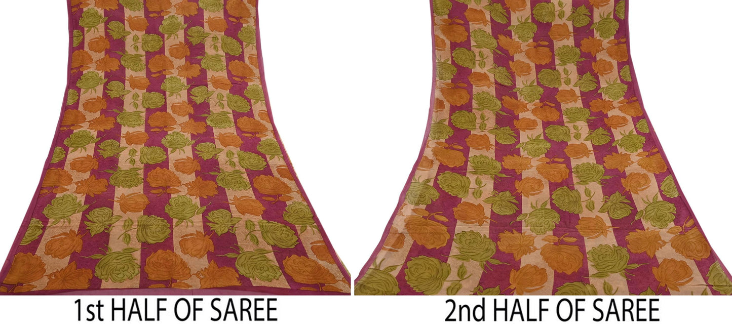 Vintage Indian Maroon Beige Georgette Silk Saree Floral Printed Fabric 5.5 Yard Soft Sari Sewing Dress Making Craft Boho