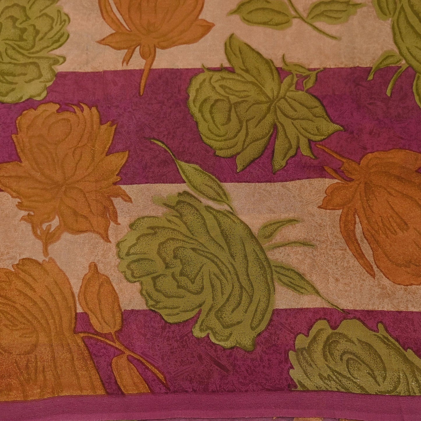 Vintage Indian Maroon Beige Georgette Silk Saree Floral Printed Fabric 5.5 Yard Soft Sari Sewing Dress Making Craft Boho