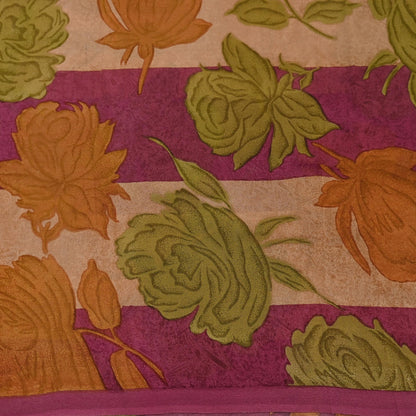 Vintage Indian Maroon Beige Georgette Silk Saree Floral Printed Fabric 5.5 Yard Soft Sari Sewing Dress Making Craft Boho