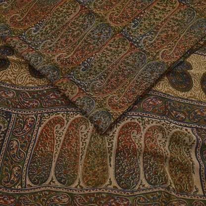 Vintage Indian Beige Multi Georgette Silk Saree Printed Fabric 5.5 Yard Soft Sari Sewing Dress Making Quilting Craft