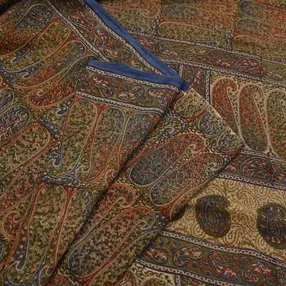 Vintage Indian Beige Multi Georgette Silk Saree Printed Fabric 5.5 Yard Soft Sari Sewing Dress Making Quilting Craft