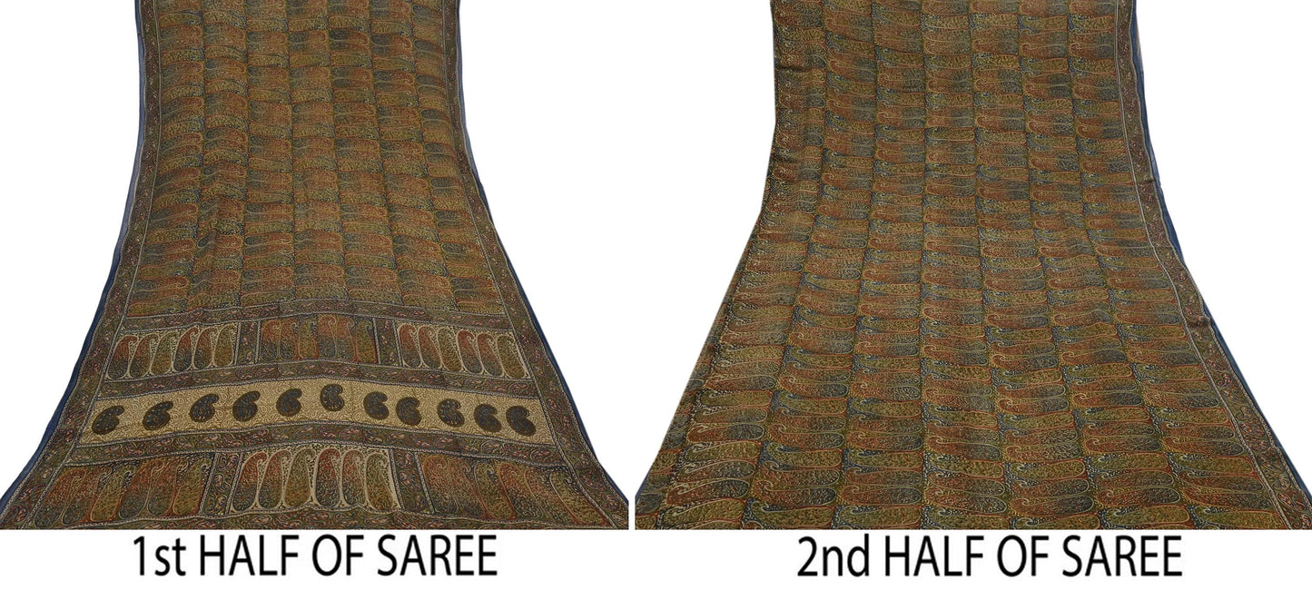 Vintage Indian Beige Multi Georgette Silk Saree Printed Fabric 5.5 Yard Soft Sari Sewing Dress Making Quilting Craft