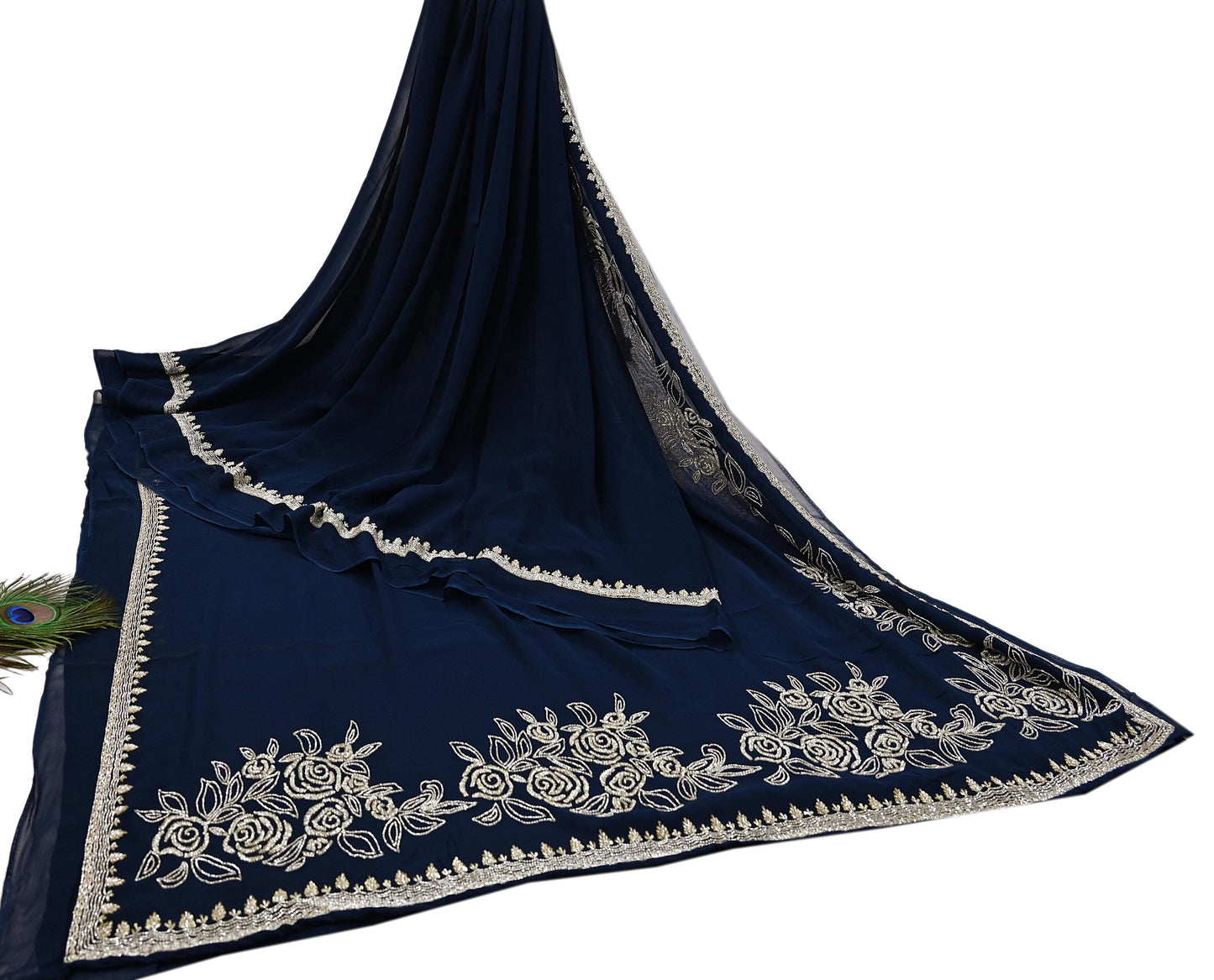 Rare Vintage Deep Blue Blend Georgette Saree Hand Embroidered Fabric 6 Yard Sari Bollywood Party Wear Ethnic Designer Saree