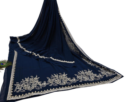 Rare Vintage Deep Blue Blend Georgette Saree Hand Embroidered Fabric 6 Yard Sari Bollywood Party Wear Ethnic Designer Saree