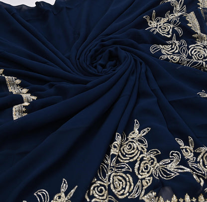 Rare Vintage Deep Blue Blend Georgette Saree Hand Embroidered Fabric 6 Yard Sari Bollywood Party Wear Ethnic Designer Saree