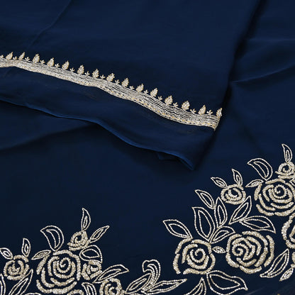 Rare Vintage Deep Blue Blend Georgette Saree Hand Embroidered Fabric 6 Yard Sari Bollywood Party Wear Ethnic Designer Saree