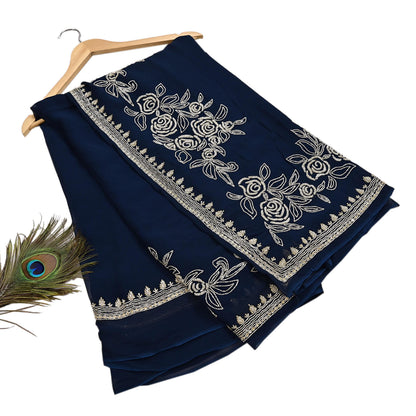 Rare Vintage Deep Blue Blend Georgette Saree Hand Embroidered Fabric 6 Yard Sari Bollywood Party Wear Ethnic Designer Saree