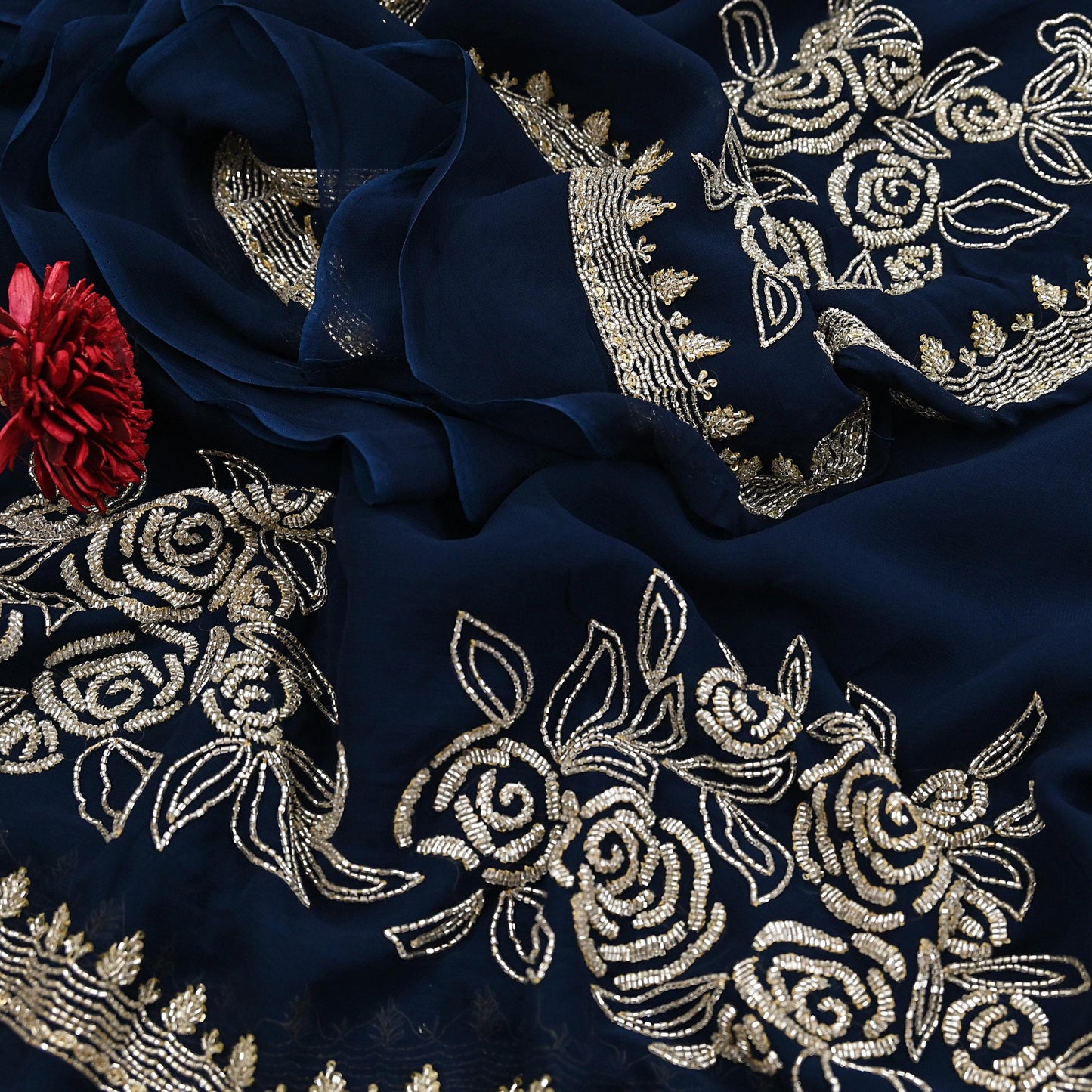 Rare Vintage Deep Blue Blend Georgette Saree Hand Embroidered Fabric 6 Yard Sari Bollywood Party Wear Ethnic Designer Saree