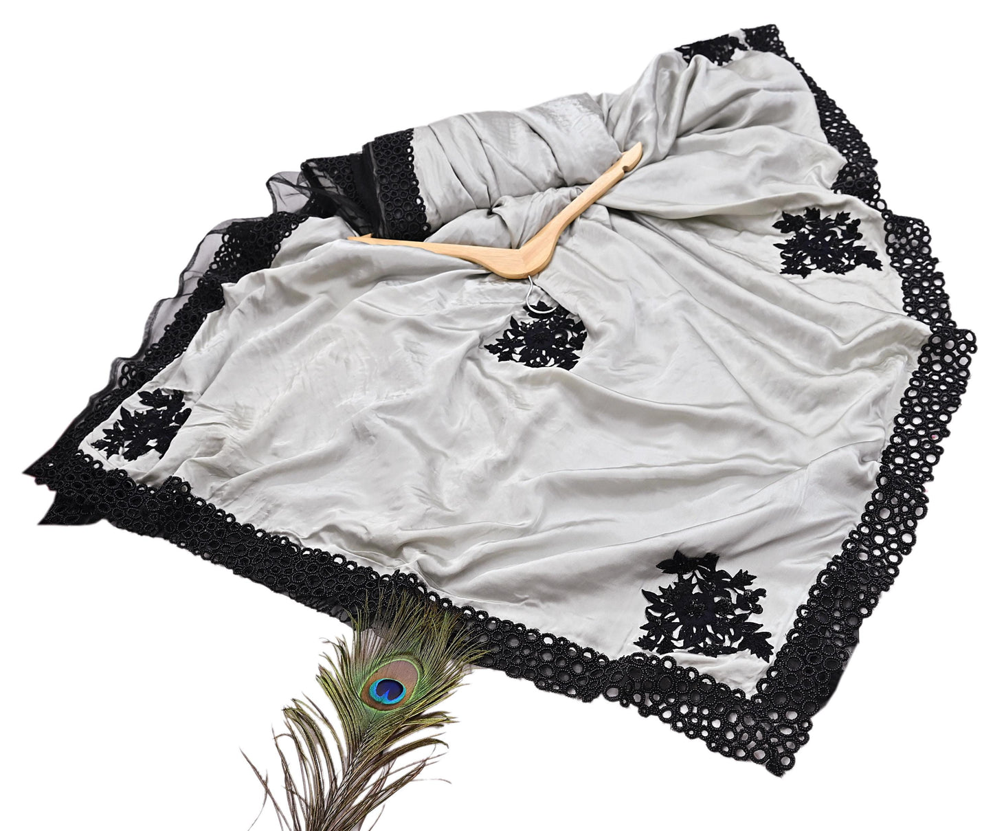 Rare Vintage Black & Gray Pure Satin Silk net Saree Hand Embroidered Designer Abu Jani Sari 6 Yard Bollywood Party Wear with Blouse fabric