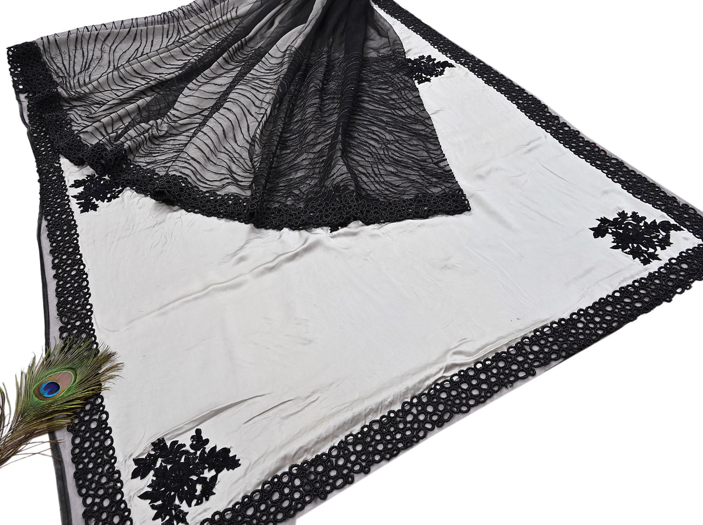 Rare Vintage Black & Gray Pure Satin Silk net Saree Hand Embroidered Designer Abu Jani Sari 6 Yard Bollywood Party Wear with Blouse fabric