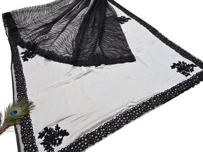 Rare Vintage Black & Gray Pure Satin Silk net Saree Hand Embroidered Designer Abu Jani Sari 6 Yard Bollywood Party Wear with Blouse fabric