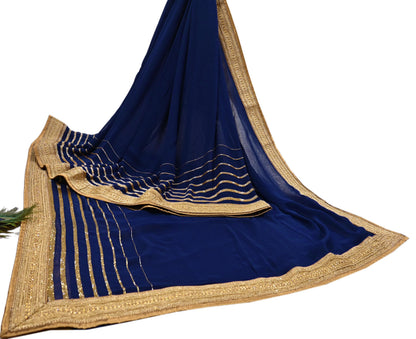 Rare Blue Georgette Silk Saree Zardozi Hand Embroidered Designer Sabyasachi Sari 6 Yard Bollywood Party Wear