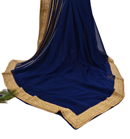Rare Blue Georgette Silk Saree Zardozi Hand Embroidered Designer Sabyasachi Sari 6 Yard Bollywood Party Wear