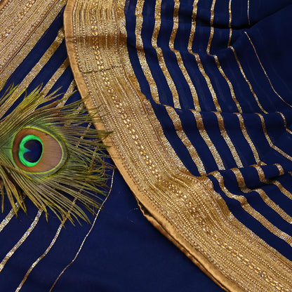 Rare Blue Georgette Silk Saree Zardozi Hand Embroidered Designer Sabyasachi Sari 6 Yard Bollywood Party Wear