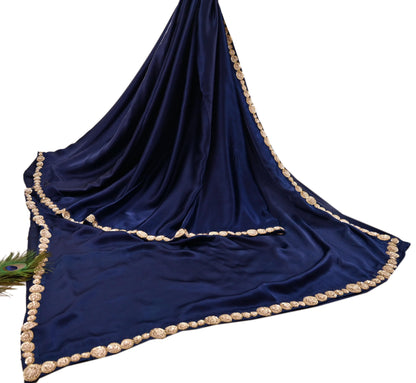 Rare Vintage Blue Pure Satin Silk Saree Zardozi Hand Embroidered Designer Sabyasachi Sari 5.5 Yard Bollywood Party Wear
