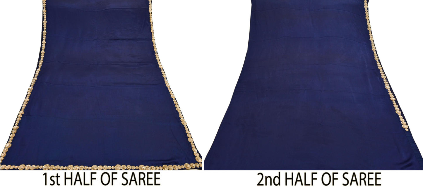 Rare Vintage Blue Pure Satin Silk Saree Zardozi Hand Embroidered Designer Sabyasachi Sari 5.5 Yard Bollywood Party Wear