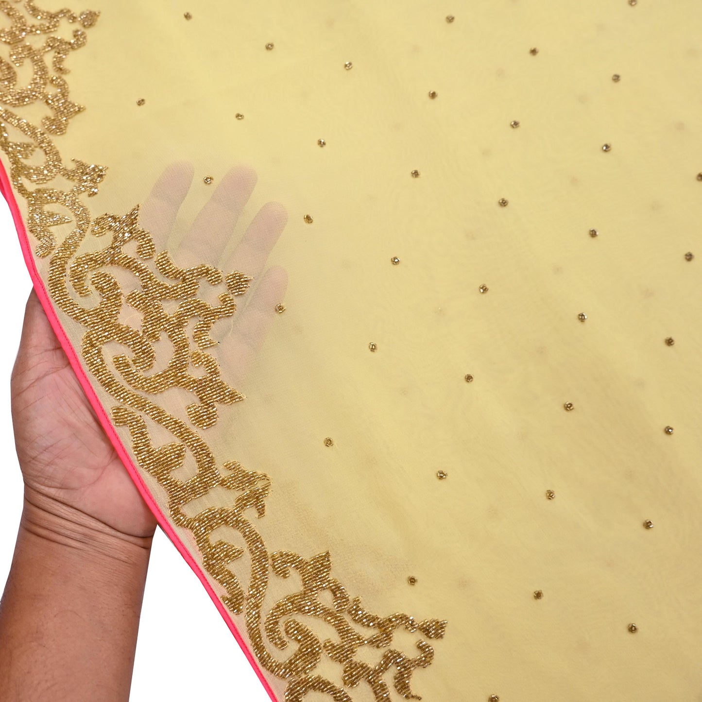 Rare Vintage Yellow Blend Georgette Saree Hand Embroidered Fabric 5.5 Yard Sari Bollywood Party Wear Ethnic Designer Saree