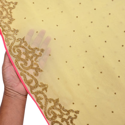 Rare Vintage Yellow Blend Georgette Saree Hand Embroidered Fabric 5.5 Yard Sari Bollywood Party Wear Ethnic Designer Saree