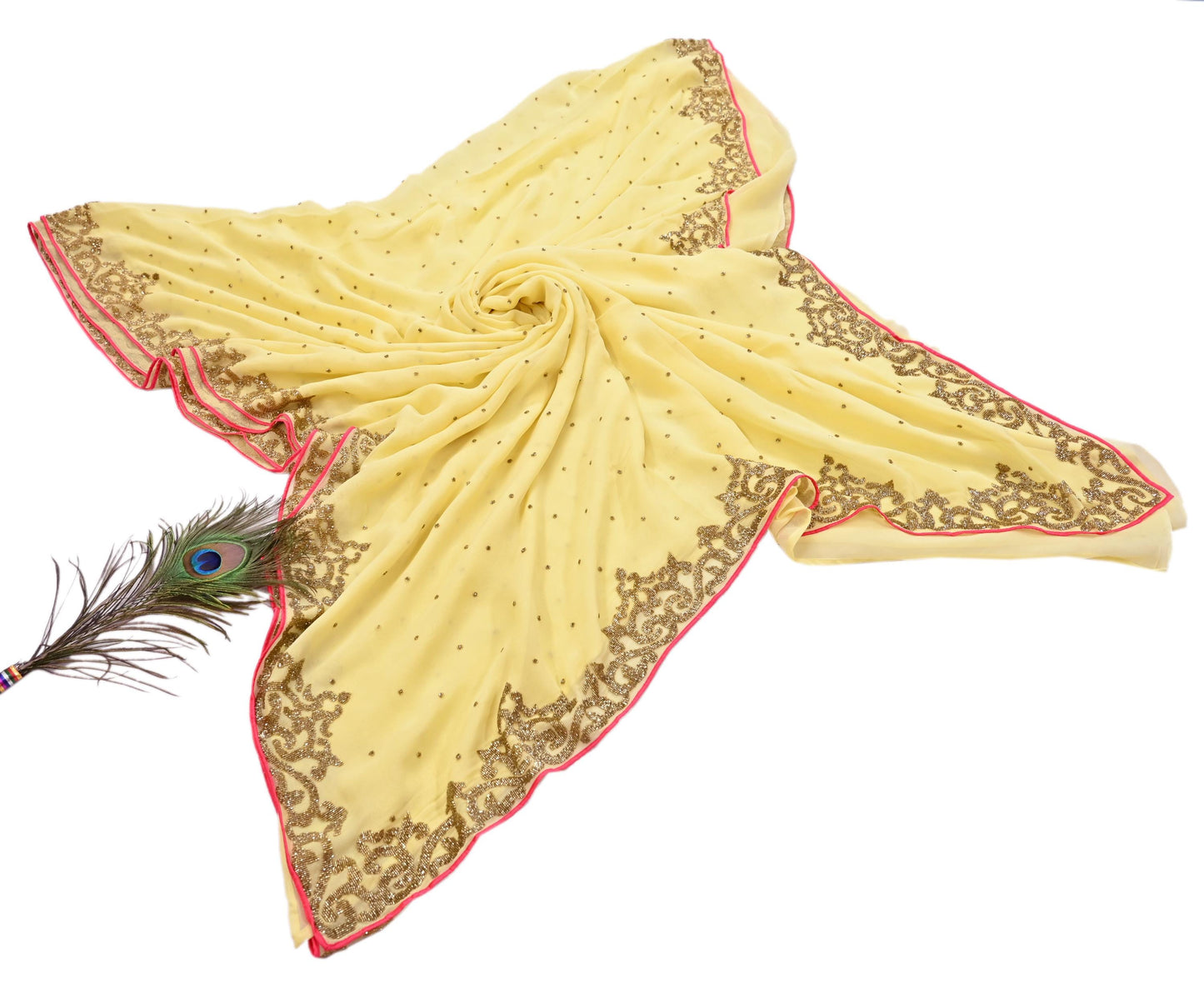 Rare Vintage Yellow Blend Georgette Saree Hand Embroidered Fabric 5.5 Yard Sari Bollywood Party Wear Ethnic Designer Saree