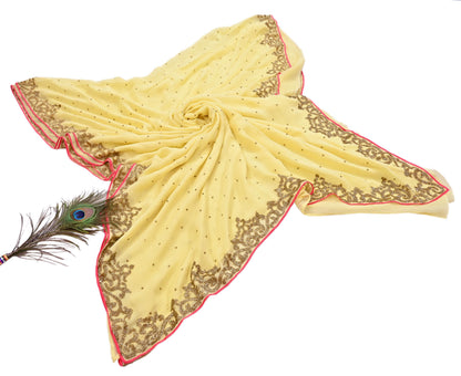 Rare Vintage Yellow Blend Georgette Saree Hand Embroidered Fabric 5.5 Yard Sari Bollywood Party Wear Ethnic Designer Saree