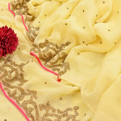 Rare Vintage Yellow Blend Georgette Saree Hand Embroidered Fabric 5.5 Yard Sari Bollywood Party Wear Ethnic Designer Saree