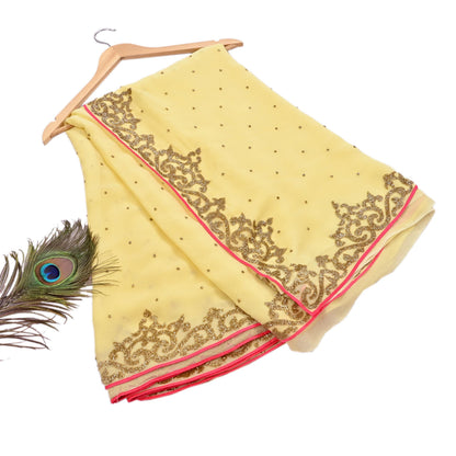 Rare Vintage Yellow Blend Georgette Saree Hand Embroidered Fabric 5.5 Yard Sari Bollywood Party Wear Ethnic Designer Saree