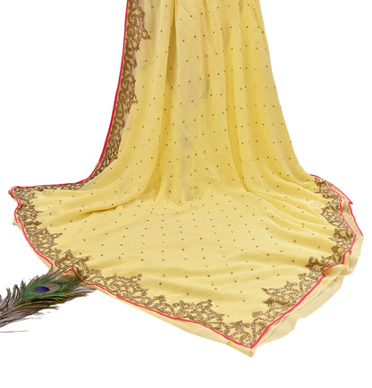 Rare Vintage Yellow Blend Georgette Saree Hand Embroidered Fabric 5.5 Yard Sari Bollywood Party Wear Ethnic Designer Saree