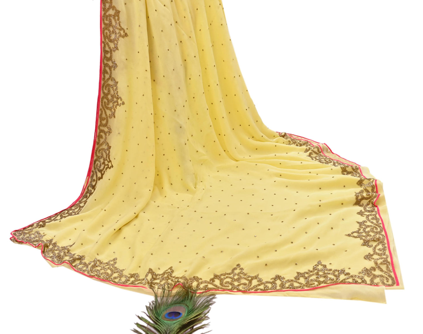 Rare Vintage Yellow Blend Georgette Saree Hand Embroidered Fabric 5.5 Yard Sari Bollywood Party Wear Ethnic Designer Saree
