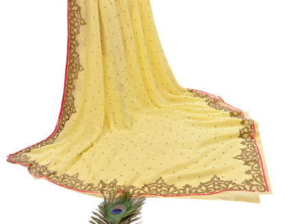 Rare Vintage Yellow Blend Georgette Saree Hand Embroidered Fabric 5.5 Yard Sari Bollywood Party Wear Ethnic Designer Saree
