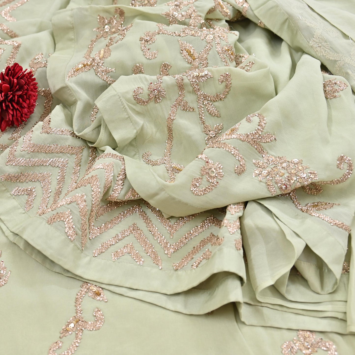 Rare Vintage Green Pure Georgette Silk Saree Hand Embroidered Designer Abu Jani Sari 5.5 Yard Bollywood Party Wear with Blouse fabric