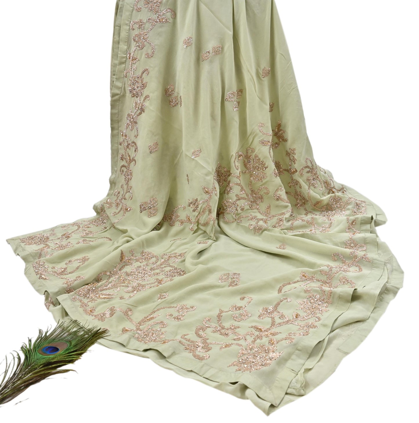 Rare Vintage Green Pure Georgette Silk Saree Hand Embroidered Designer Abu Jani Sari 5.5 Yard Bollywood Party Wear with Blouse fabric