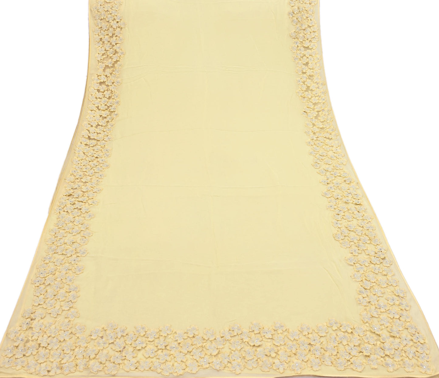 Rare Vintage Yellow Blend Georgette Saree Hand Embroidered Fabric 6 Yard Sari Bollywood Party Wear Ethnic Saree with Blouse Fabric