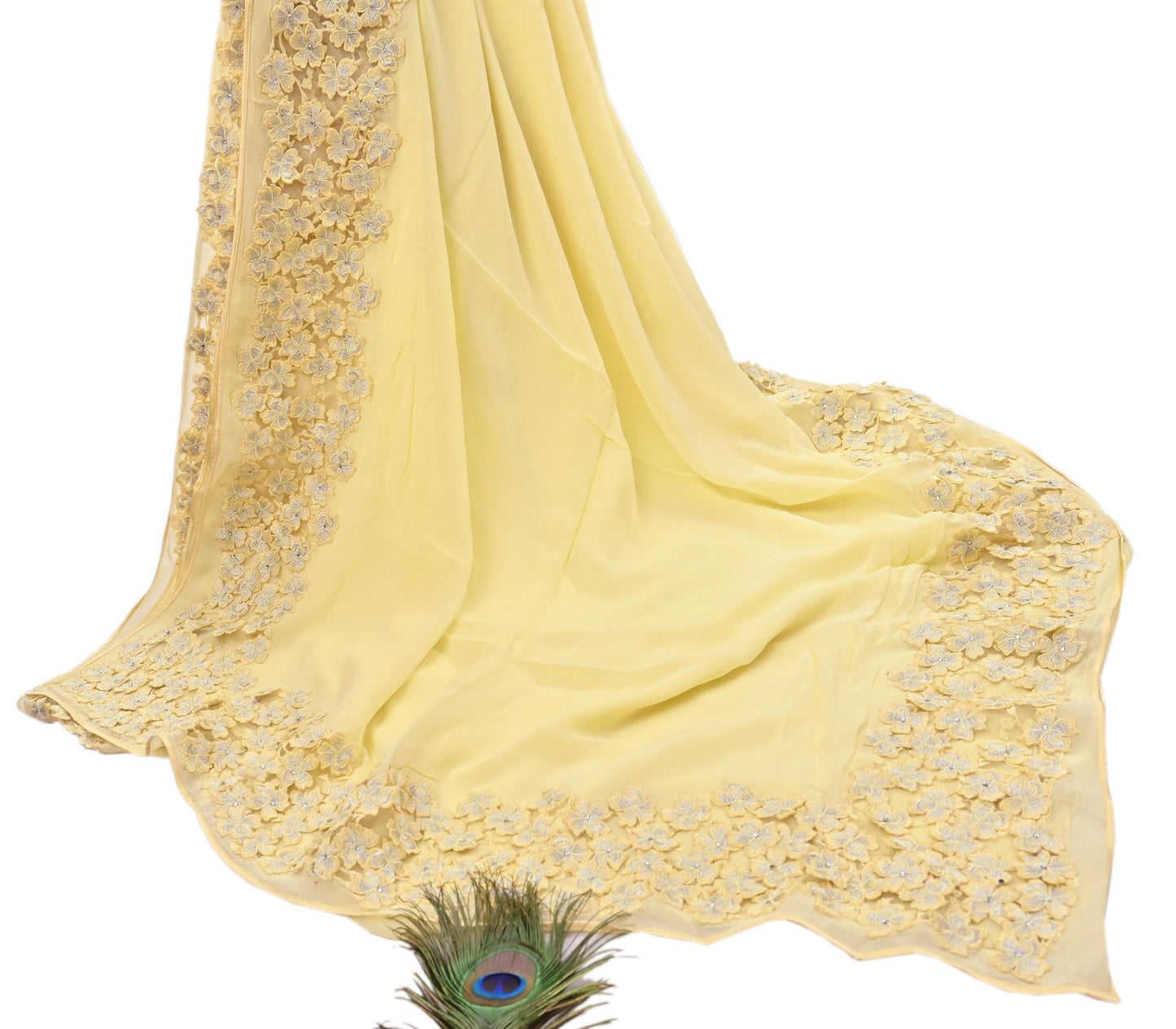 Rare Vintage Yellow Blend Georgette Saree Hand Embroidered Fabric 6 Yard Sari Bollywood Party Wear Ethnic Saree with Blouse Fabric