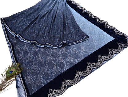 Vintage Blue Net Saree Heavy Hand Embroidery 5.5 Yards Soft Mesh Fabric Ideal for Crafting Wedding Wear Bollywood sarees