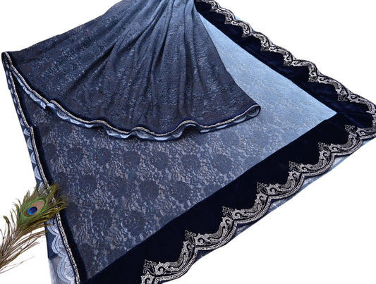 Vintage Blue Net Saree Heavy Hand Embroidery 5.5 Yards Soft Mesh Fabric Ideal for Crafting Wedding Wear Bollywood sarees
