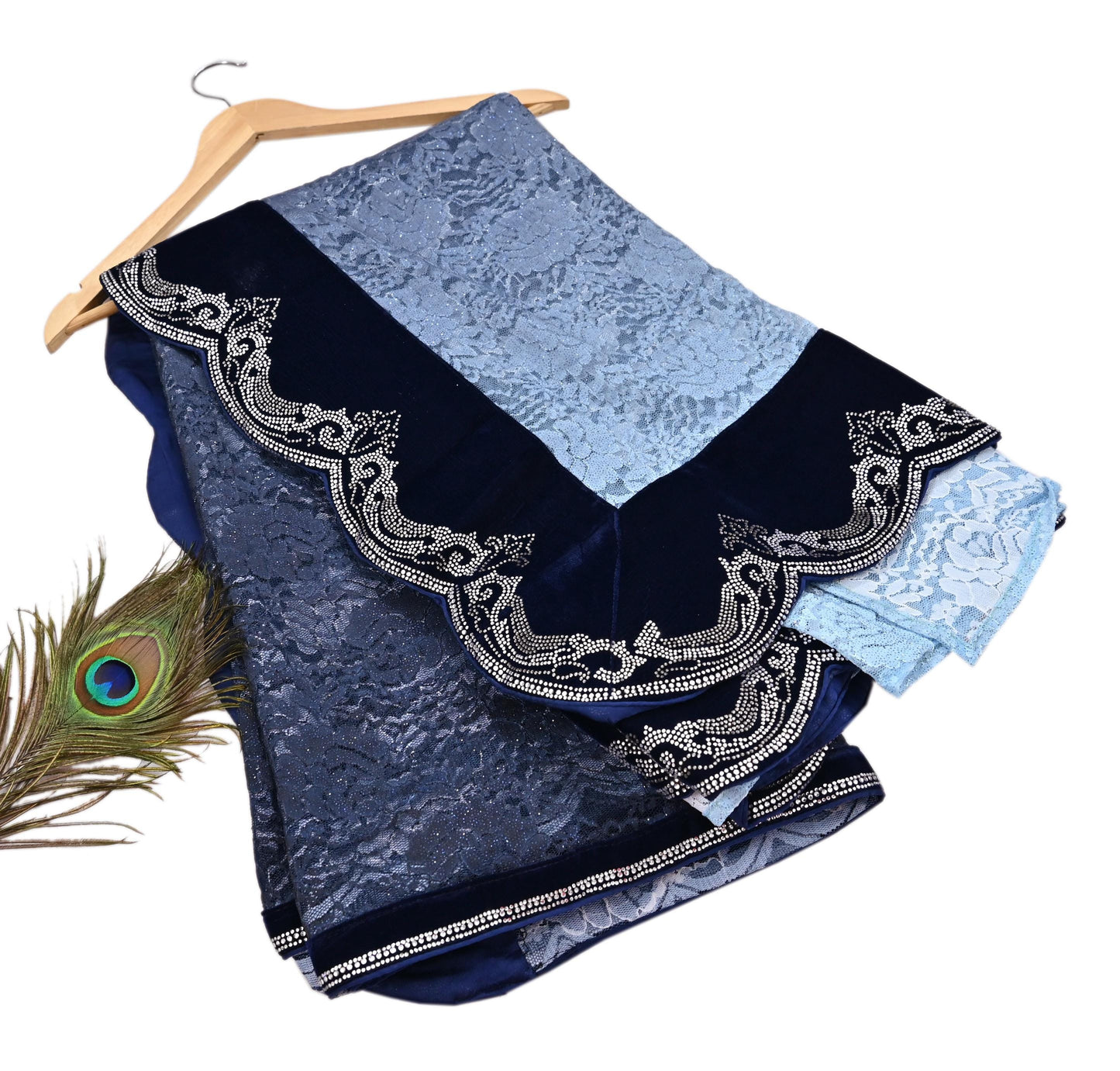Vintage Blue Net Saree Heavy Hand Embroidery 5.5 Yards Soft Mesh Fabric Ideal for Crafting Wedding Wear Bollywood sarees