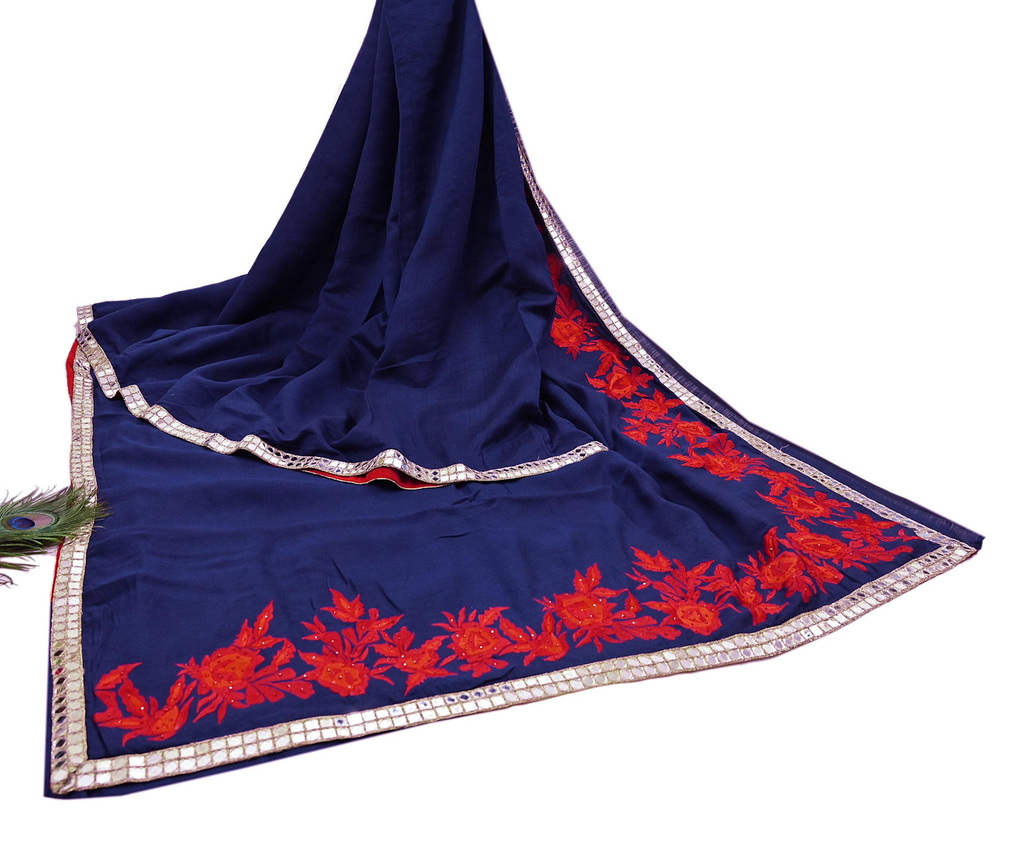 Indian Rare Vintage Zardozi Sarees Deep Blue Pure Silk Hand Embroidered Sari Fabric 5.5 Yards Sewing Ethnic Mirror