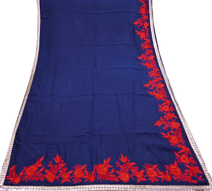 Indian Rare Vintage Zardozi Sarees Deep Blue Pure Silk Hand Embroidered Sari Fabric 5.5 Yards Sewing Ethnic Mirror
