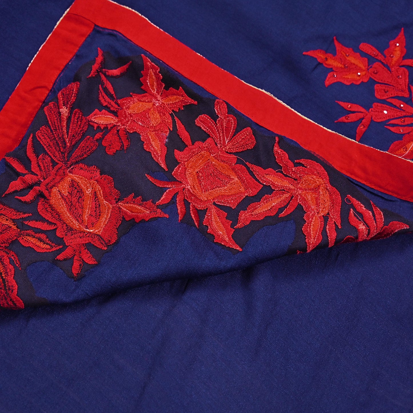 Indian Rare Vintage Zardozi Sarees Deep Blue Pure Silk Hand Embroidered Sari Fabric 5.5 Yards Sewing Ethnic Mirror